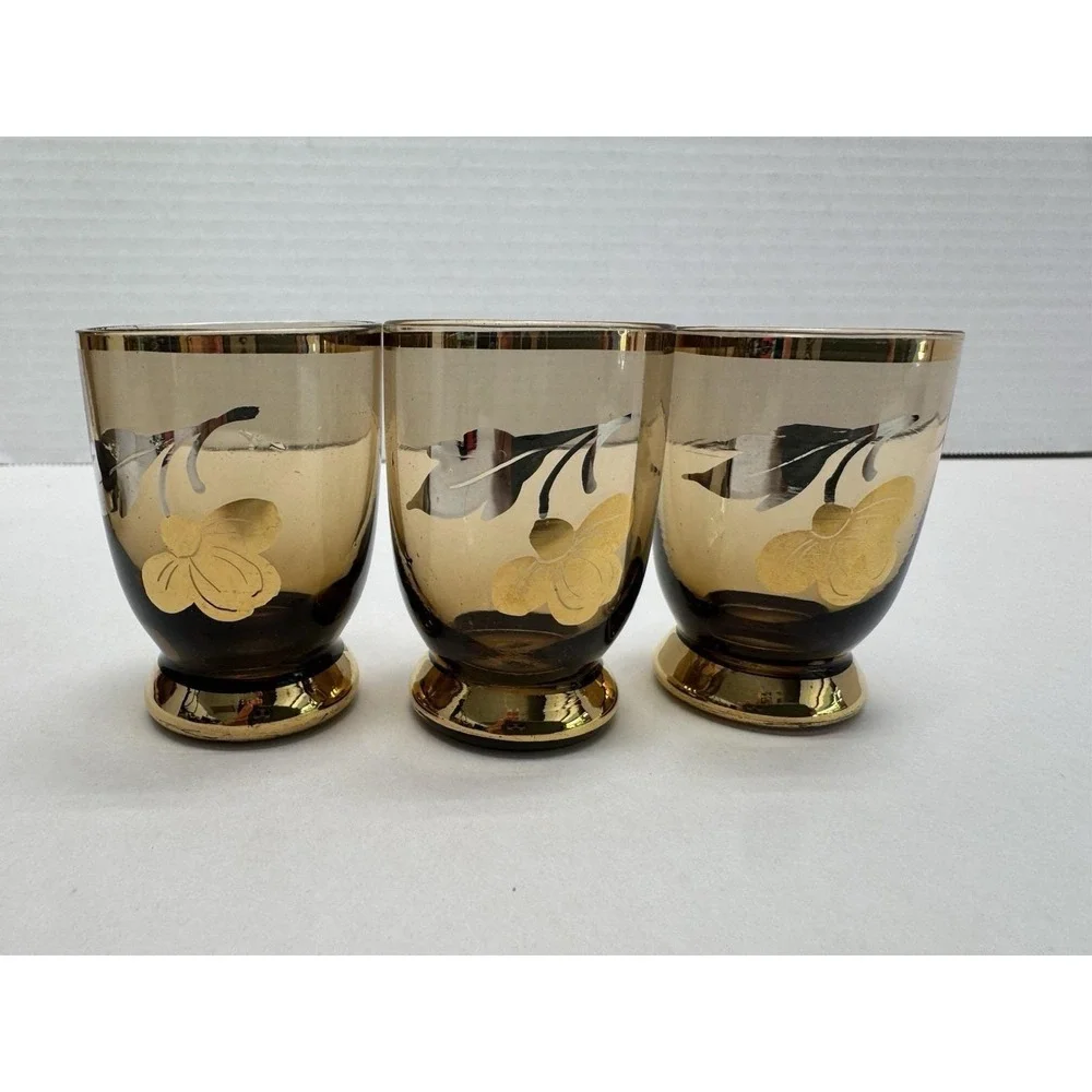 VTG Bohemian Amber Glass Decanter Set Gold Gilt Enamel Flowers 4 Pc Czech NICE